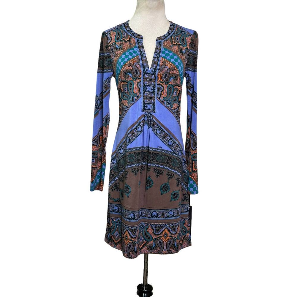 Hale Bob Purple Orange Geometric Patterned Long Sleeves Mini Dress size S